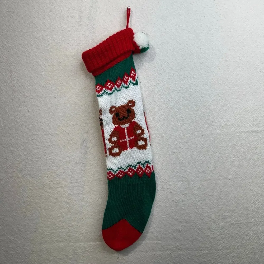 VTG Acrylic Knit Christmas Stockings Festive Snowman Teddy Bear Holiday Presents